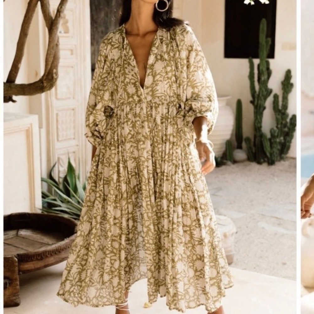 Daughters of India Olive and Cream Midi Dress